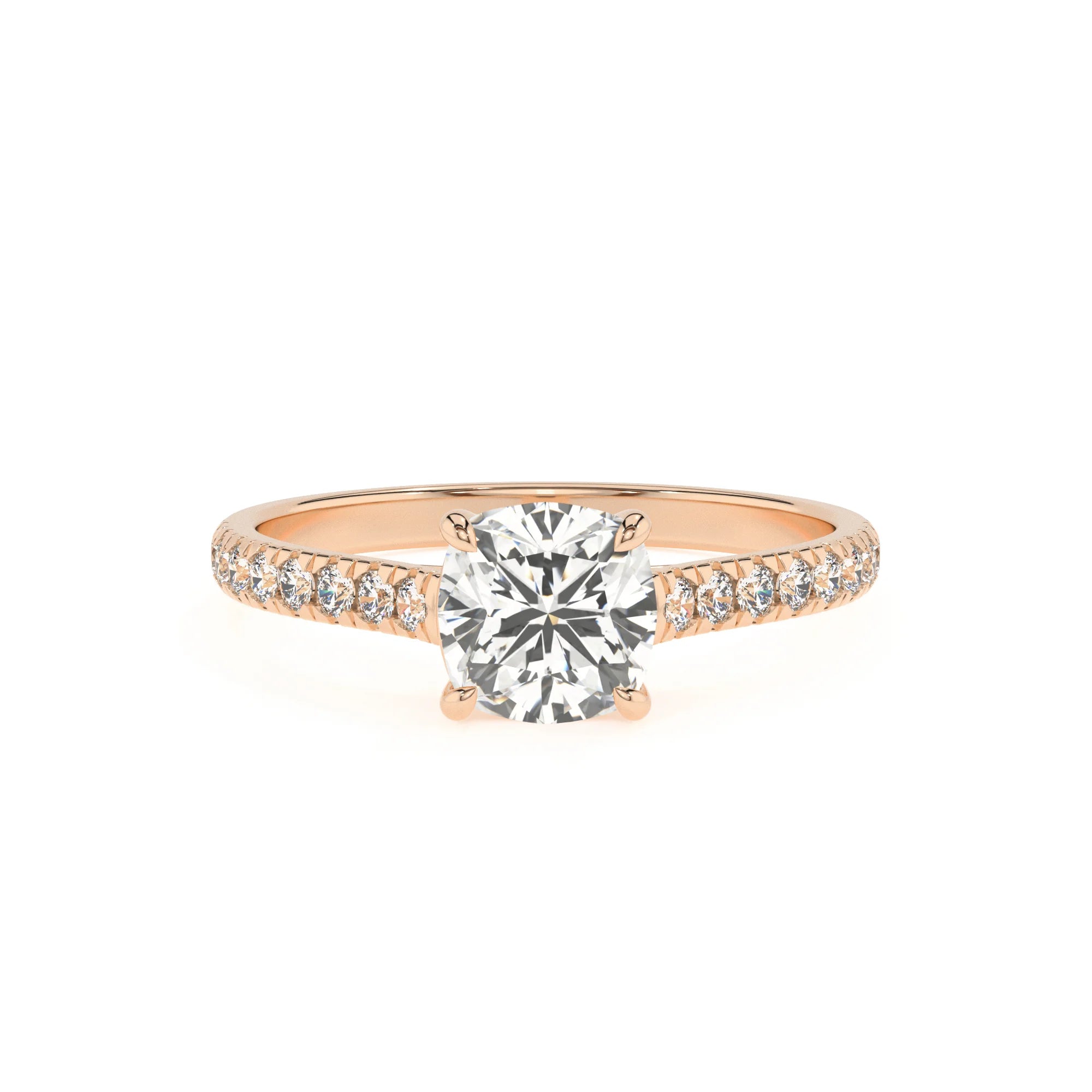 lab grown moissanite cushion half eternity solitaire engagement rings in rose gold