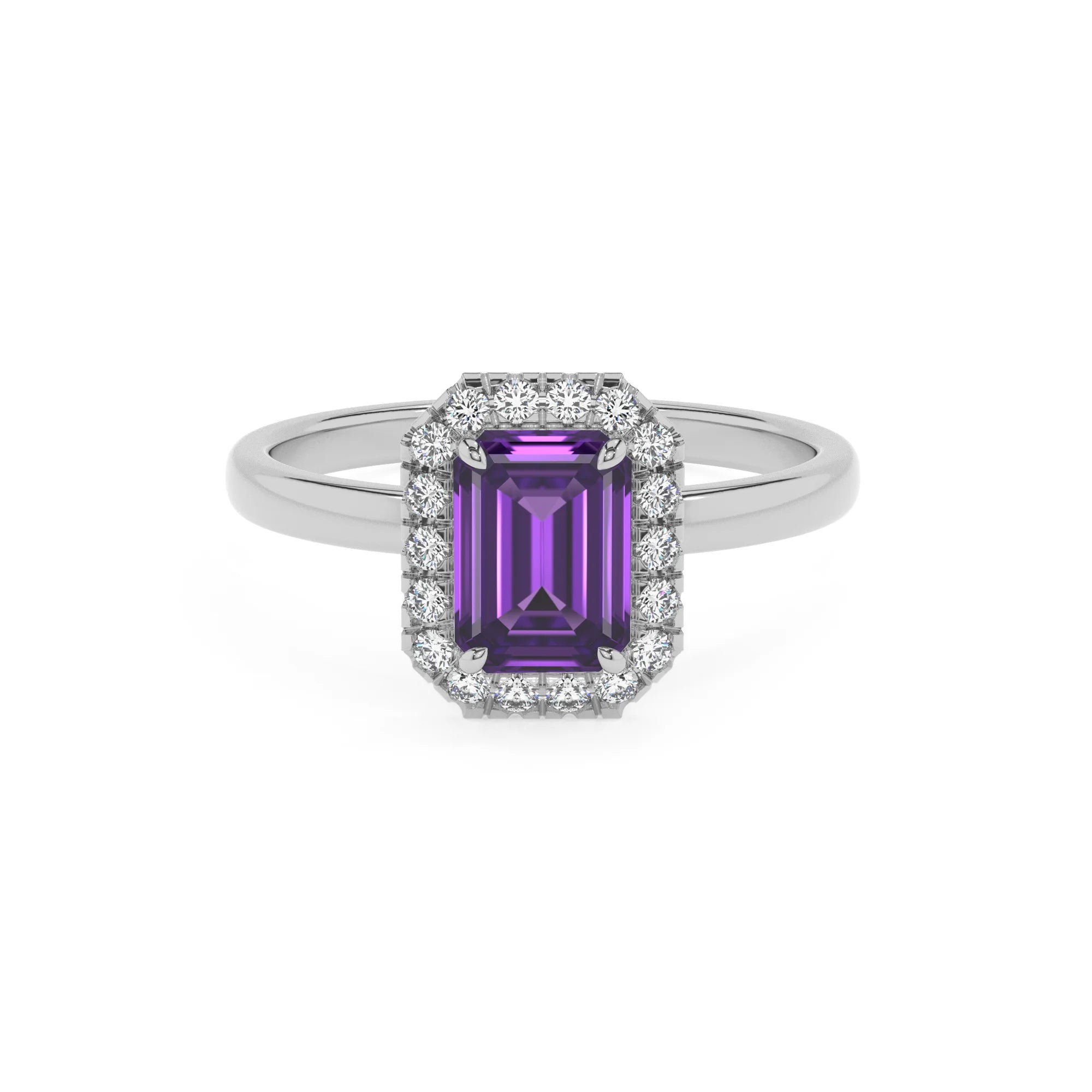 lab grown amethyst emerald cut solitaire rings in platinum