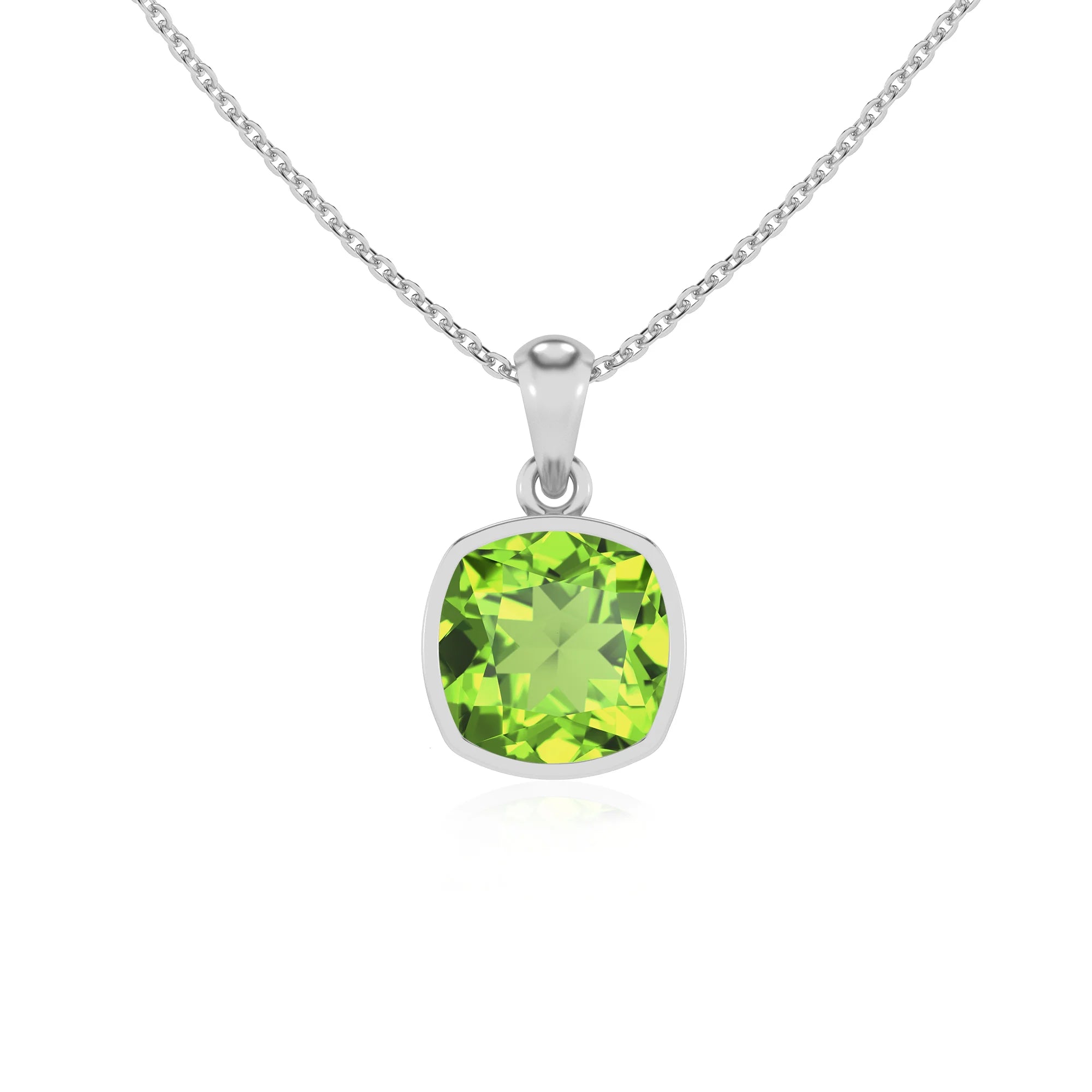 natural peridot cushion solitaire necklaces in platinum