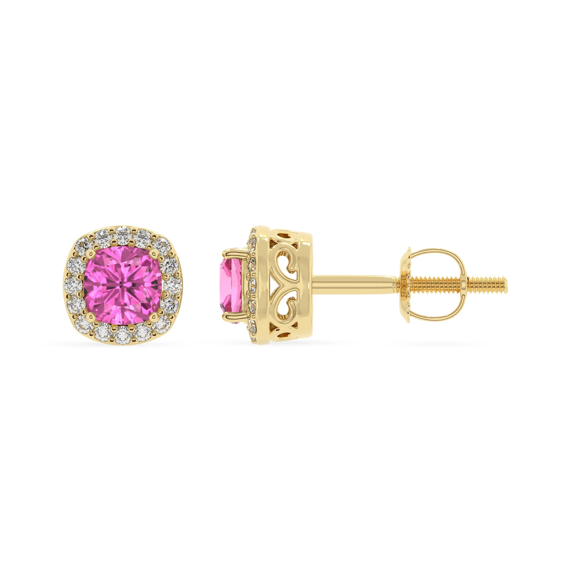 lab grown pink sapphire cushion stud earrings in yellow gold