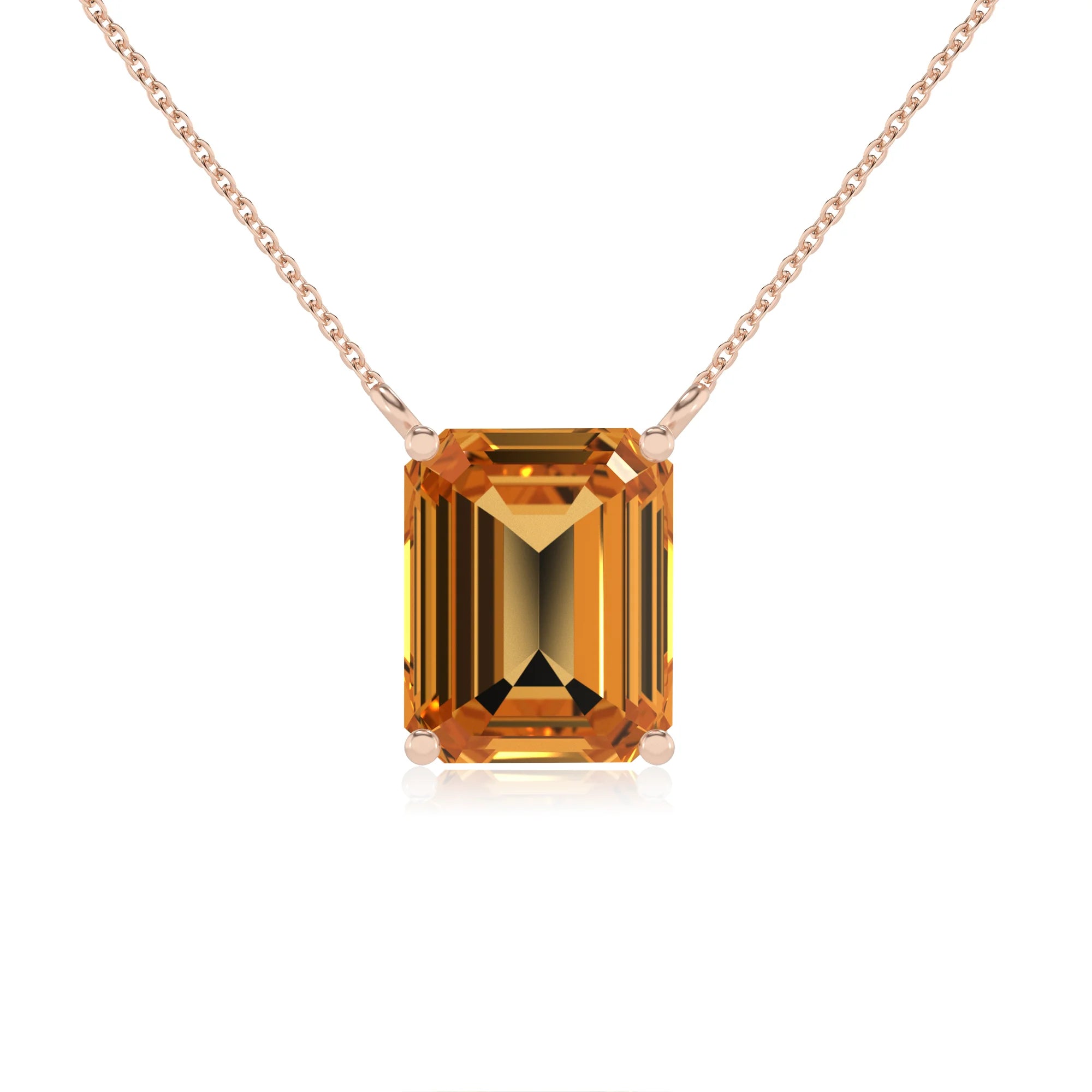 lab grown citrine emerald cut solitaire necklaces in rose gold
