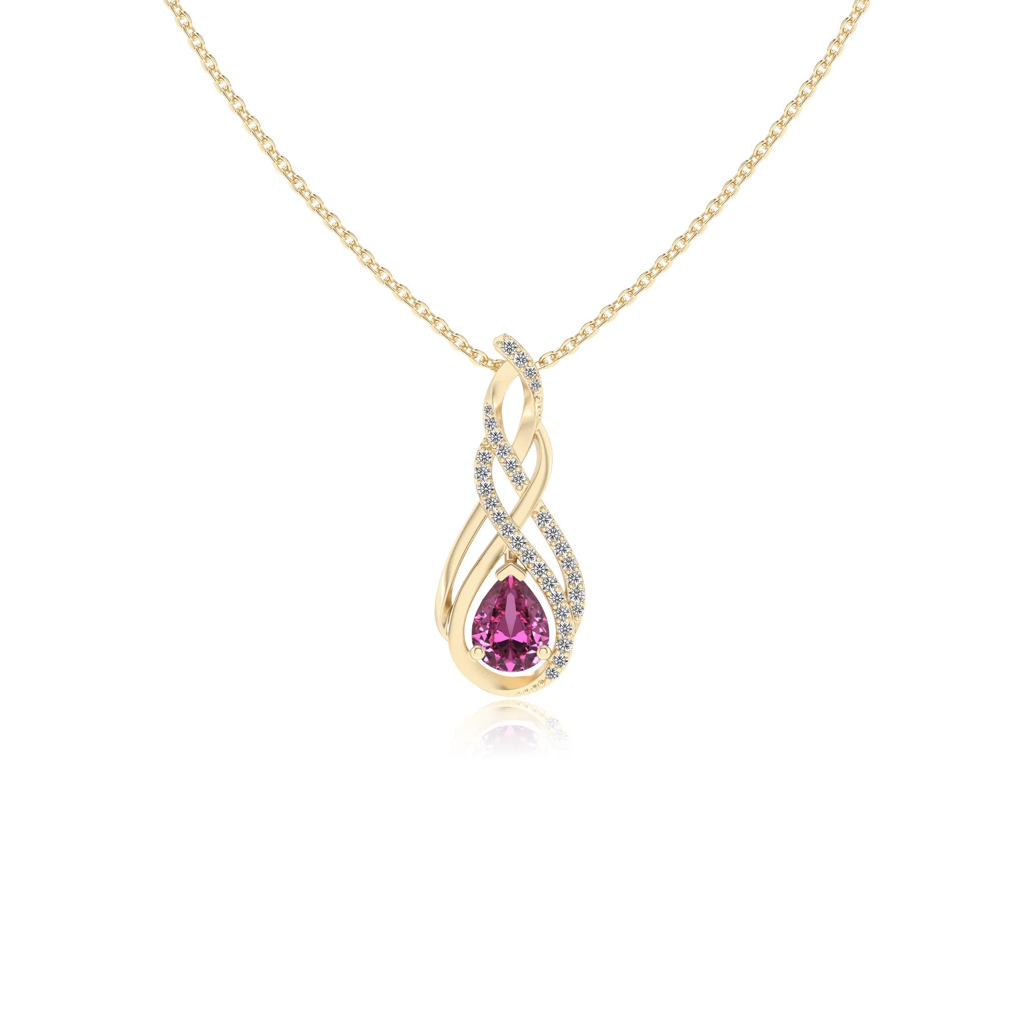 lab grown pink-sapphire pear solitaire necklaces in yellow gold