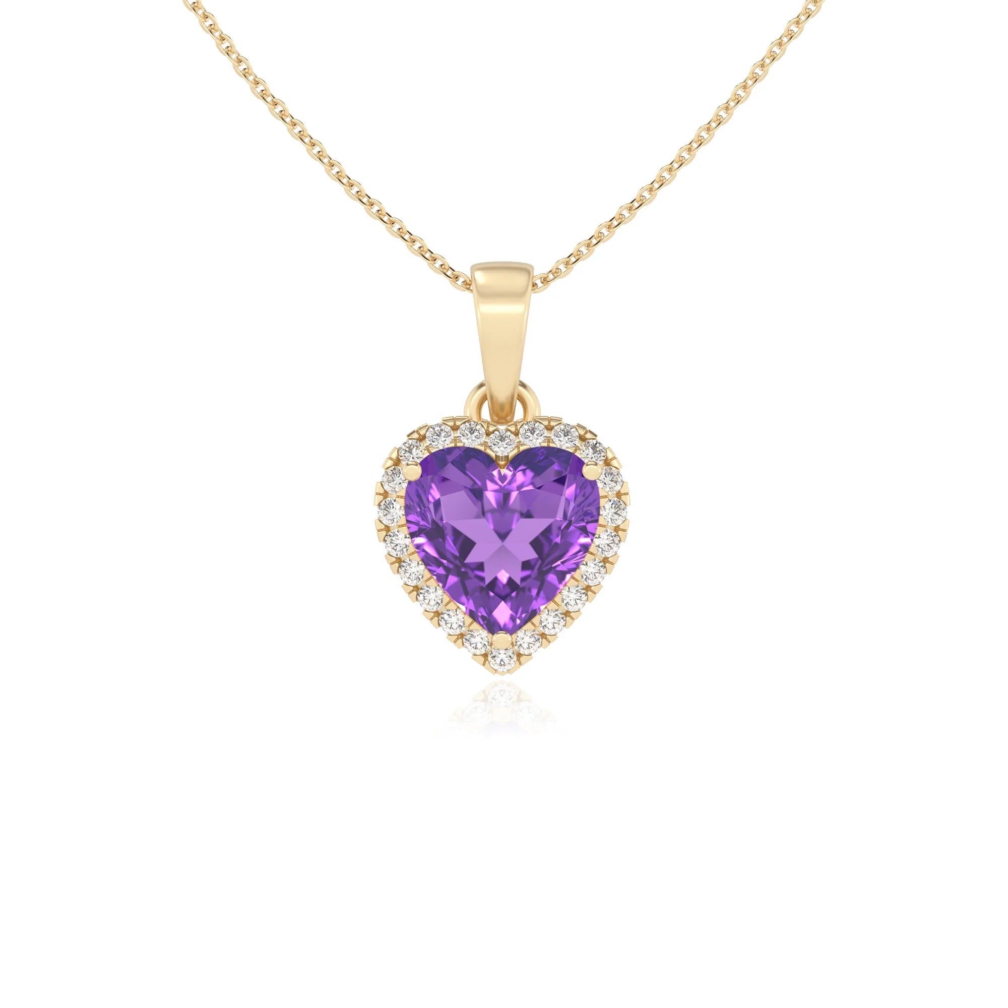 lab grown amethyst heart solitaire necklaces in yellow gold
