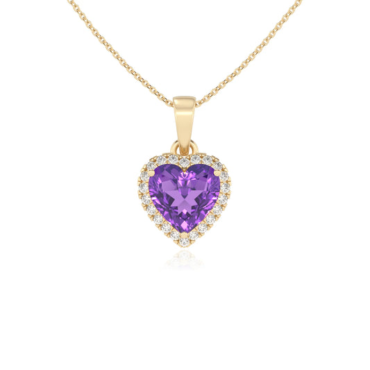 lab grown amethyst heart solitaire necklaces in yellow gold