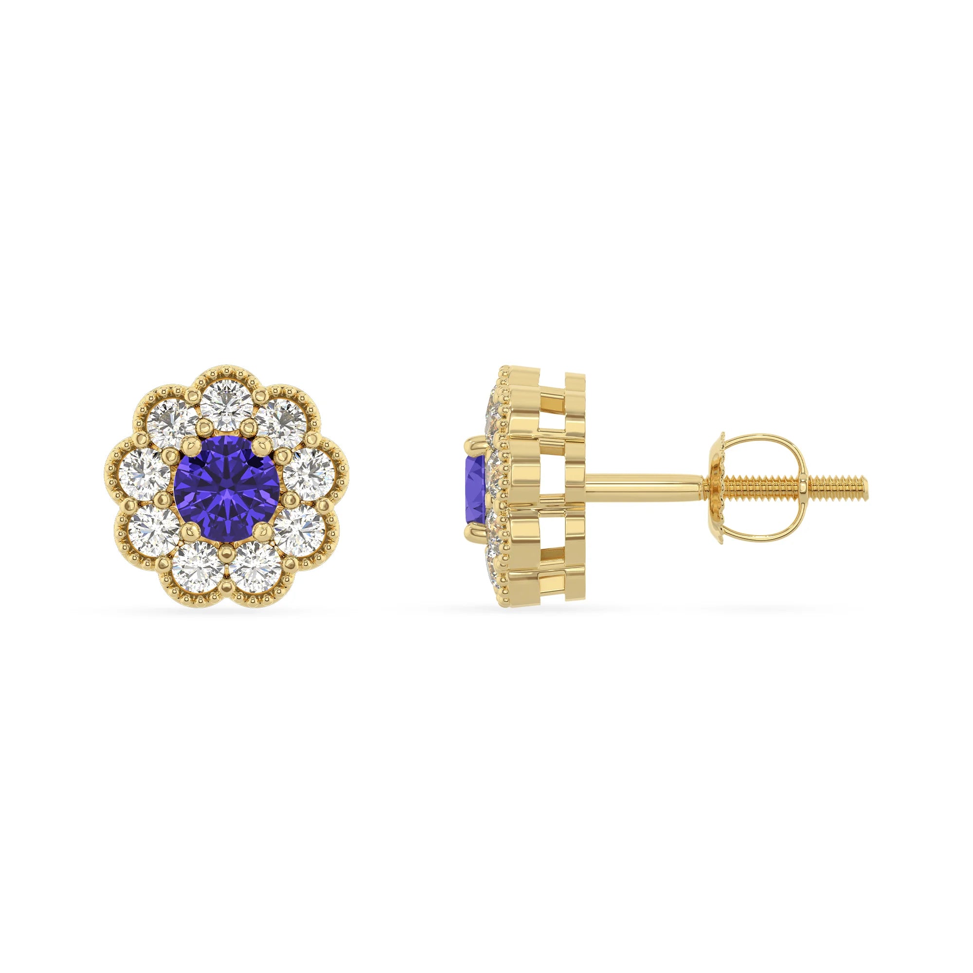 lab grown tanzanite round stud earrings in yellow gold