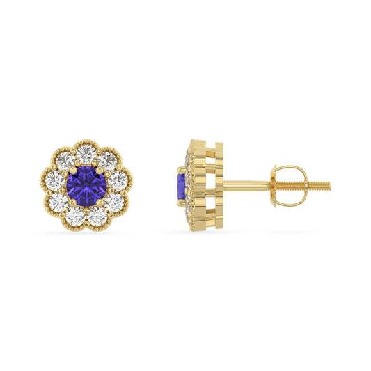 lab grown tanzanite round stud earrings in yellow gold