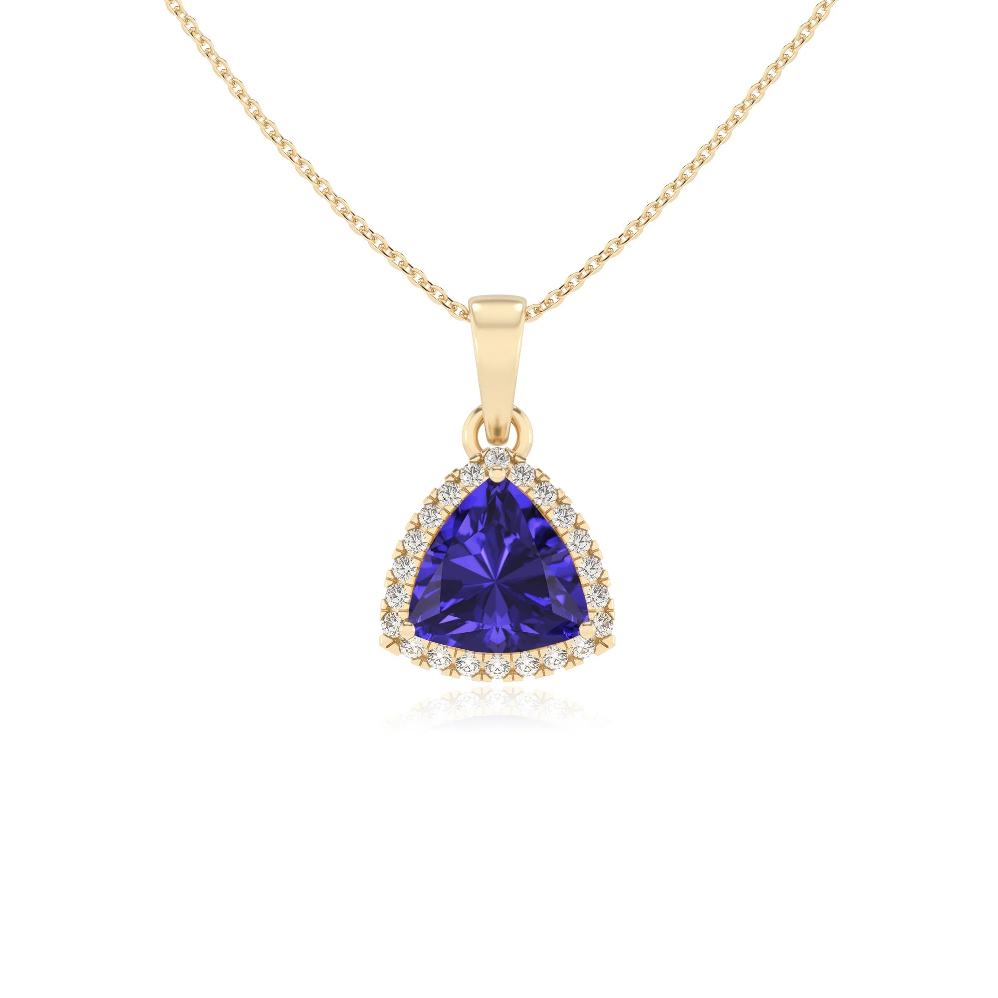 lab grown tanzanite trillion solitaire necklaces in yellow gold