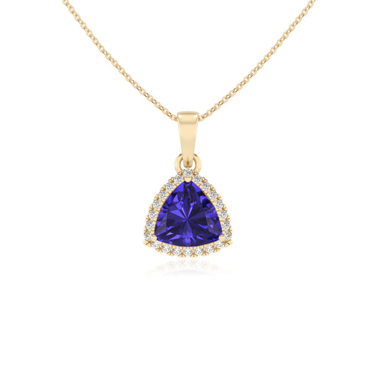 lab grown tanzanite trillion solitaire necklaces in yellow gold