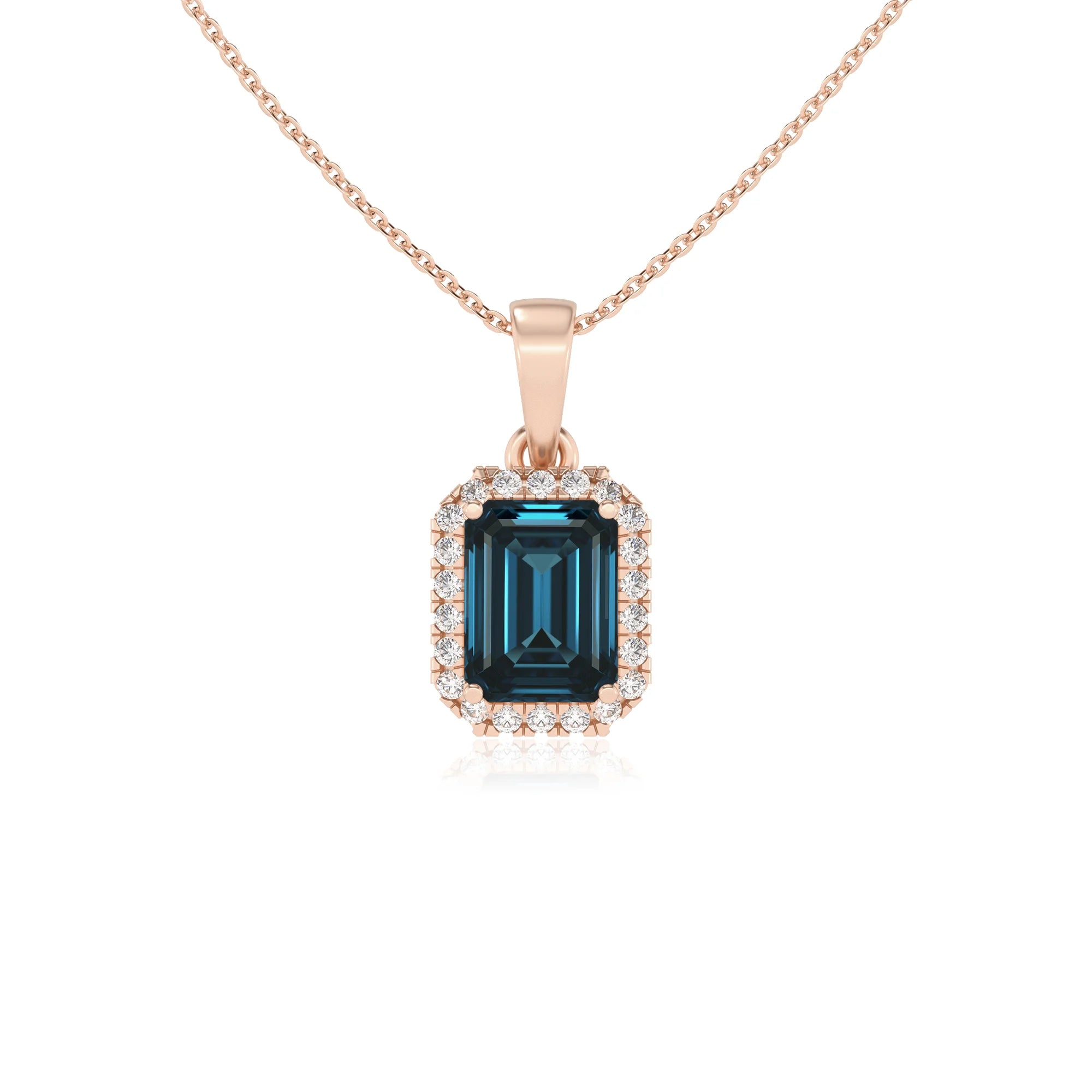 natural london-blue-topaz emerald cut solitaire necklaces in rose gold
