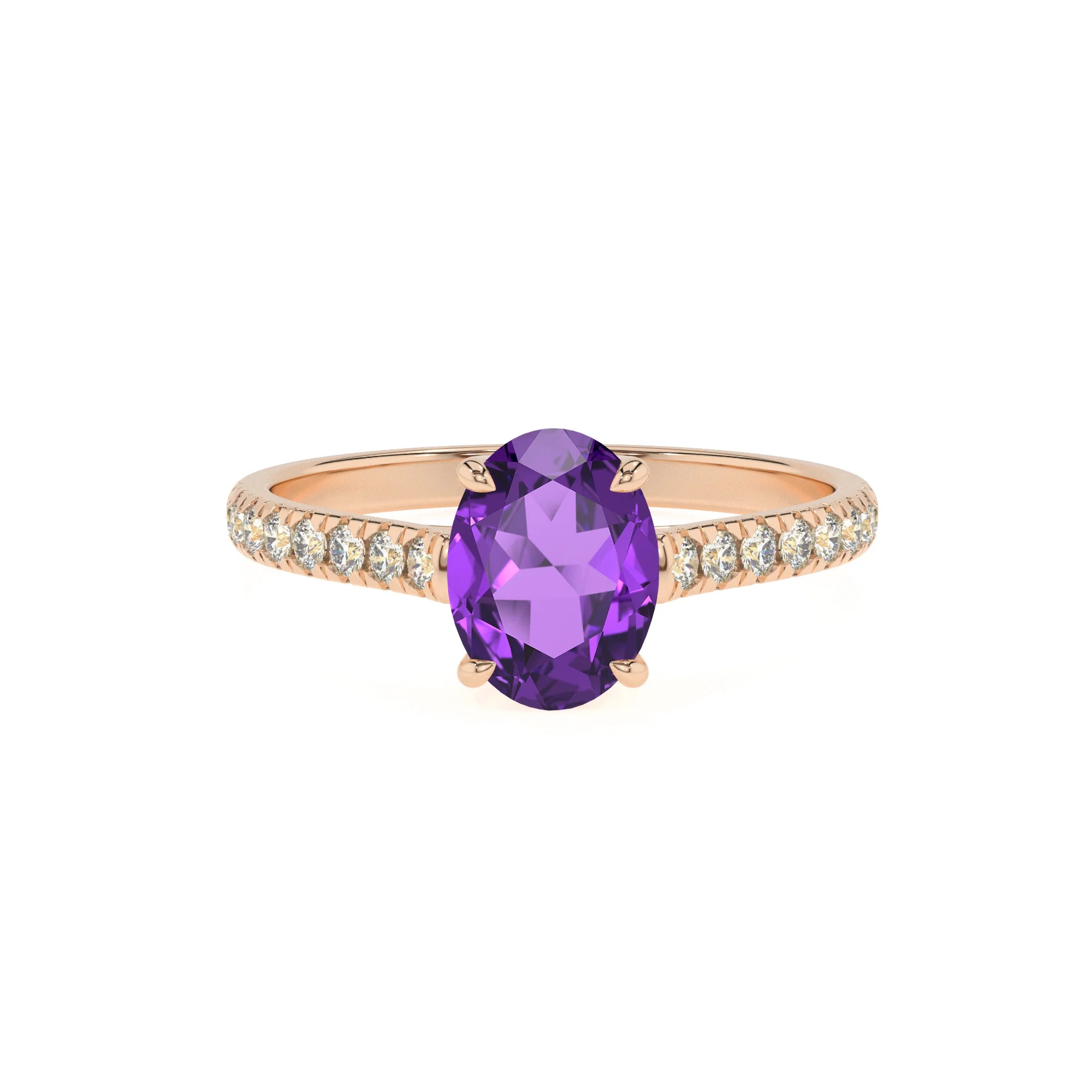 lab grown amethyst oval half eternity solitaire engagement rings in rose gold