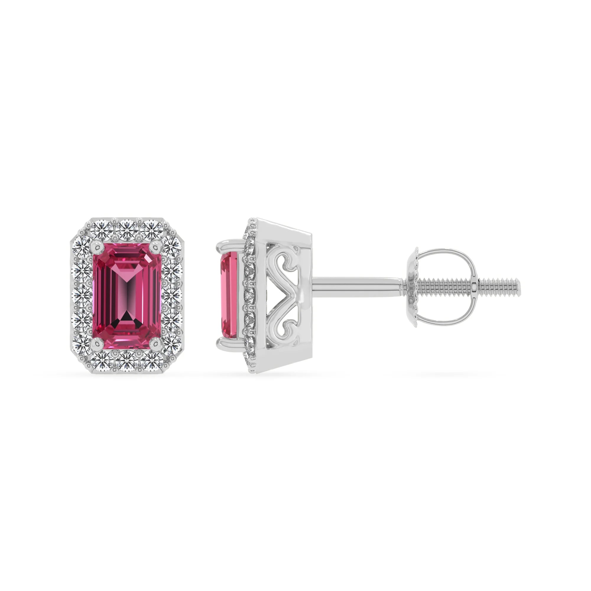 lab grown pink tourmaline emerald cut stud earrings in platinum