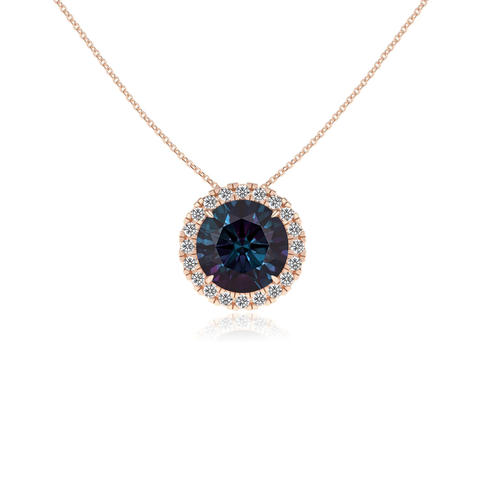 lab grown alexandrite round solitaire necklaces in rose gold