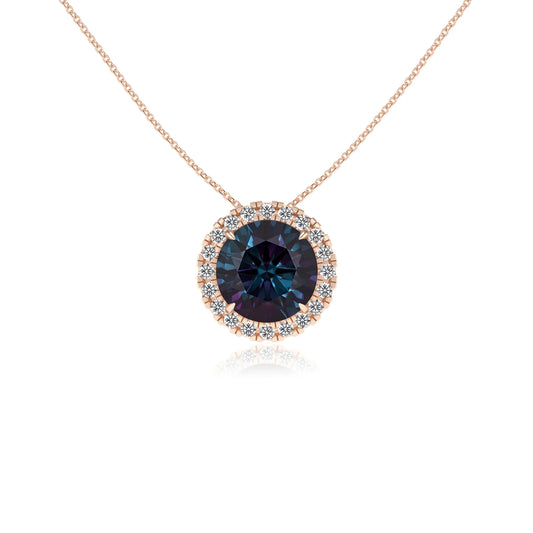 lab grown alexandrite round solitaire necklaces in rose gold