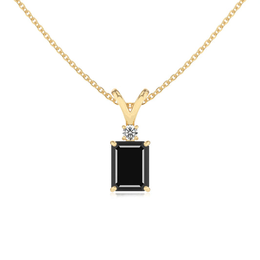 natural black-onyx emerald cut solitaire v-bale necklaces in yellow gold