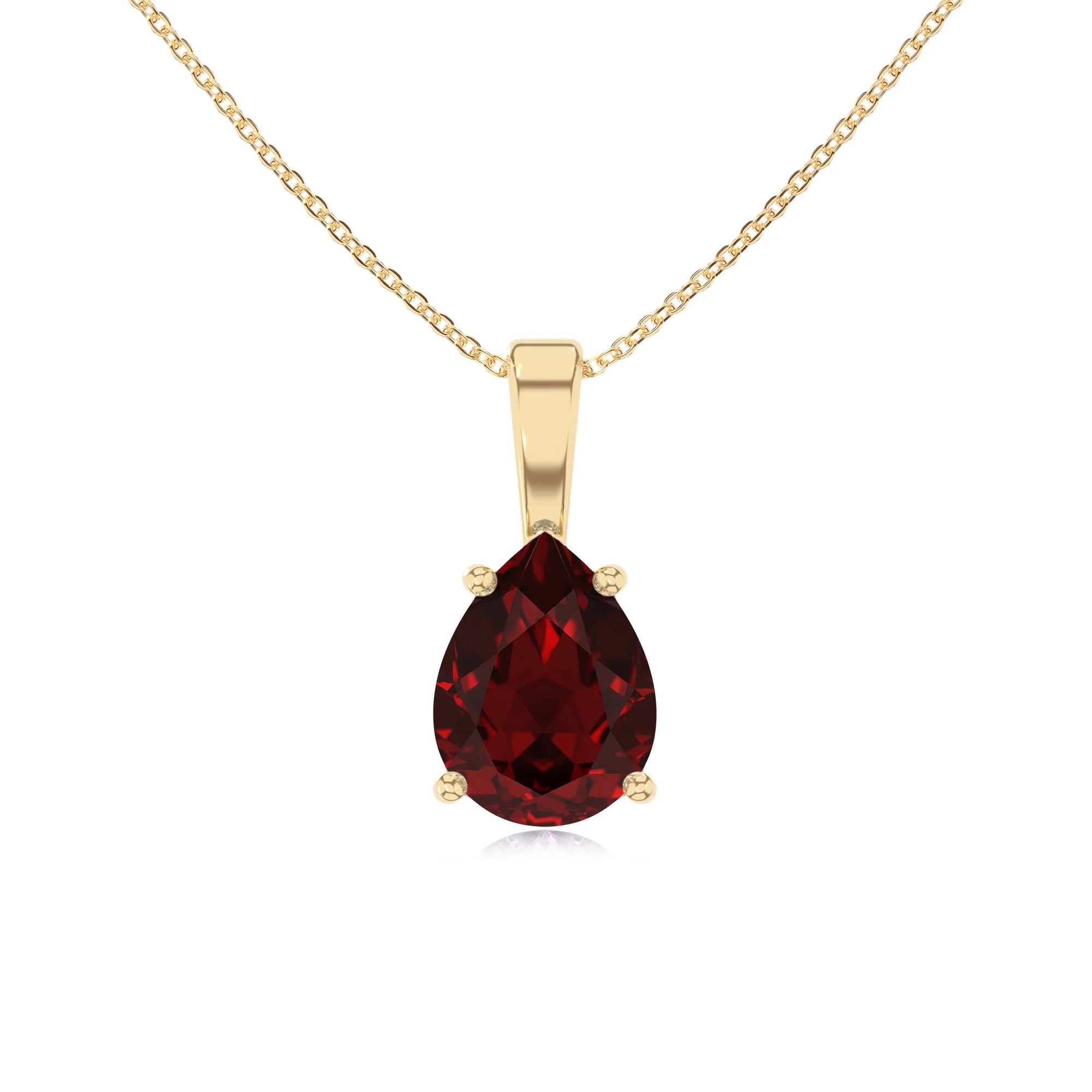 natural garnet pear solitaire necklaces in yellow gold