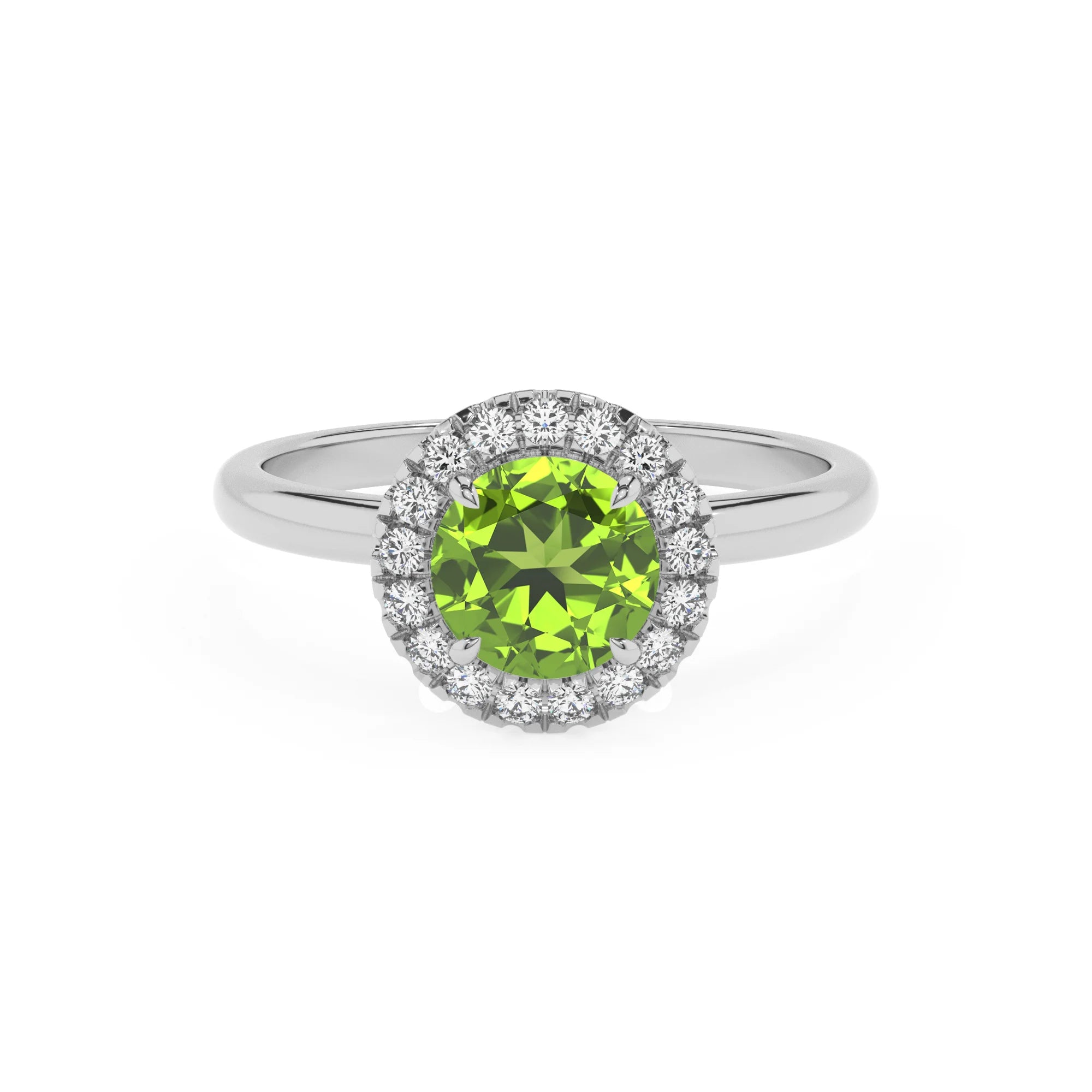 natural peridot round solitaire rings in white gold