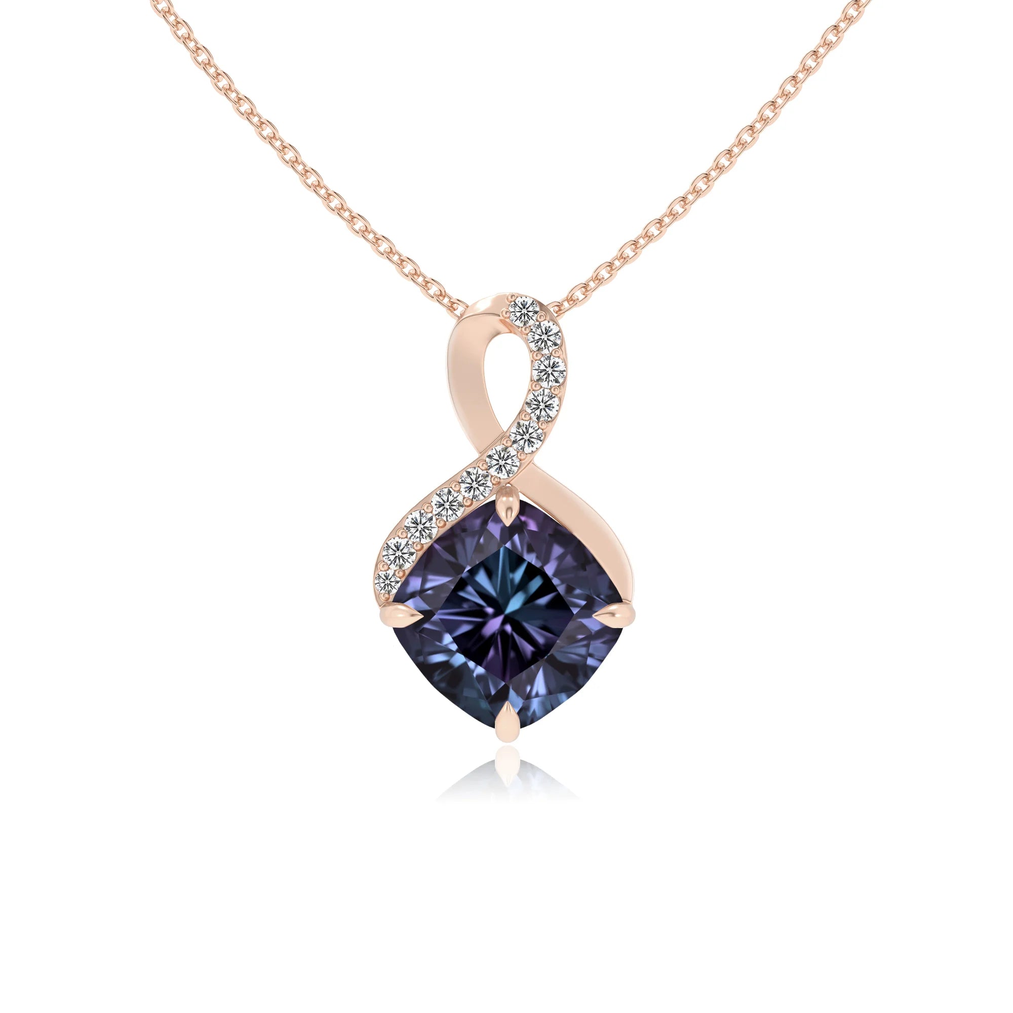 lab grown alexandrite cushion infinity necklaces in rose gold