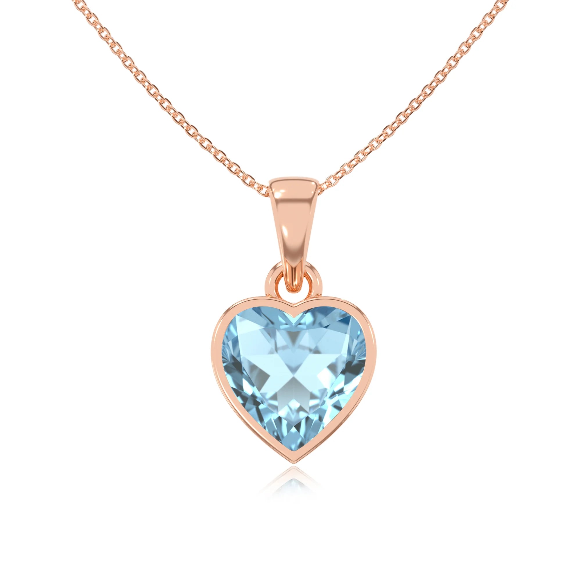 lab grown aquamarine heart solitaire necklaces in rose gold