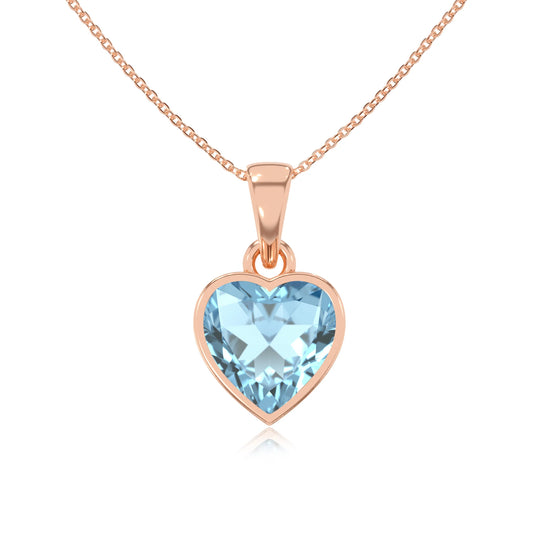 lab grown aquamarine heart solitaire necklaces in rose gold
