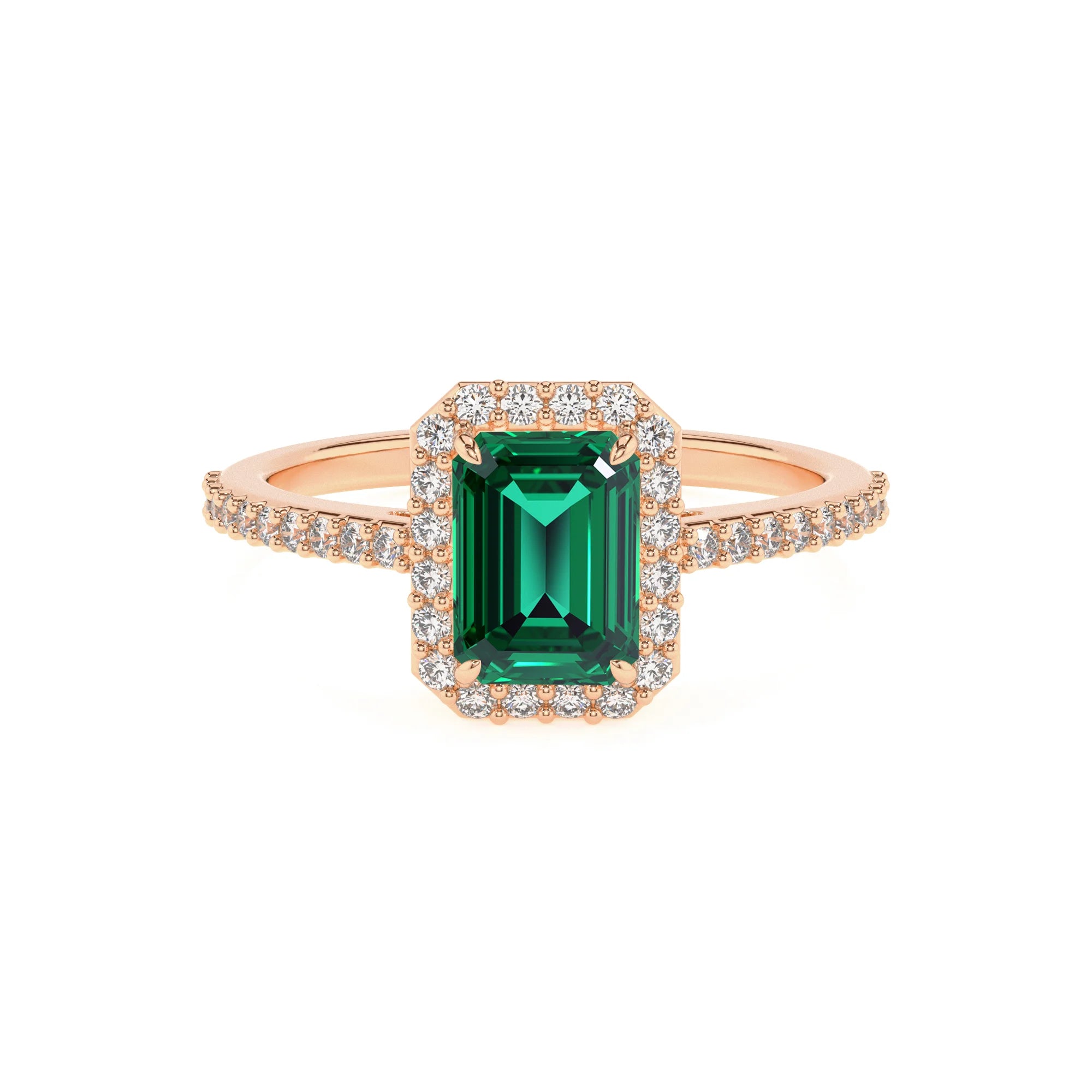 lab grown emerald octogon cut solitaire rings in rose gold