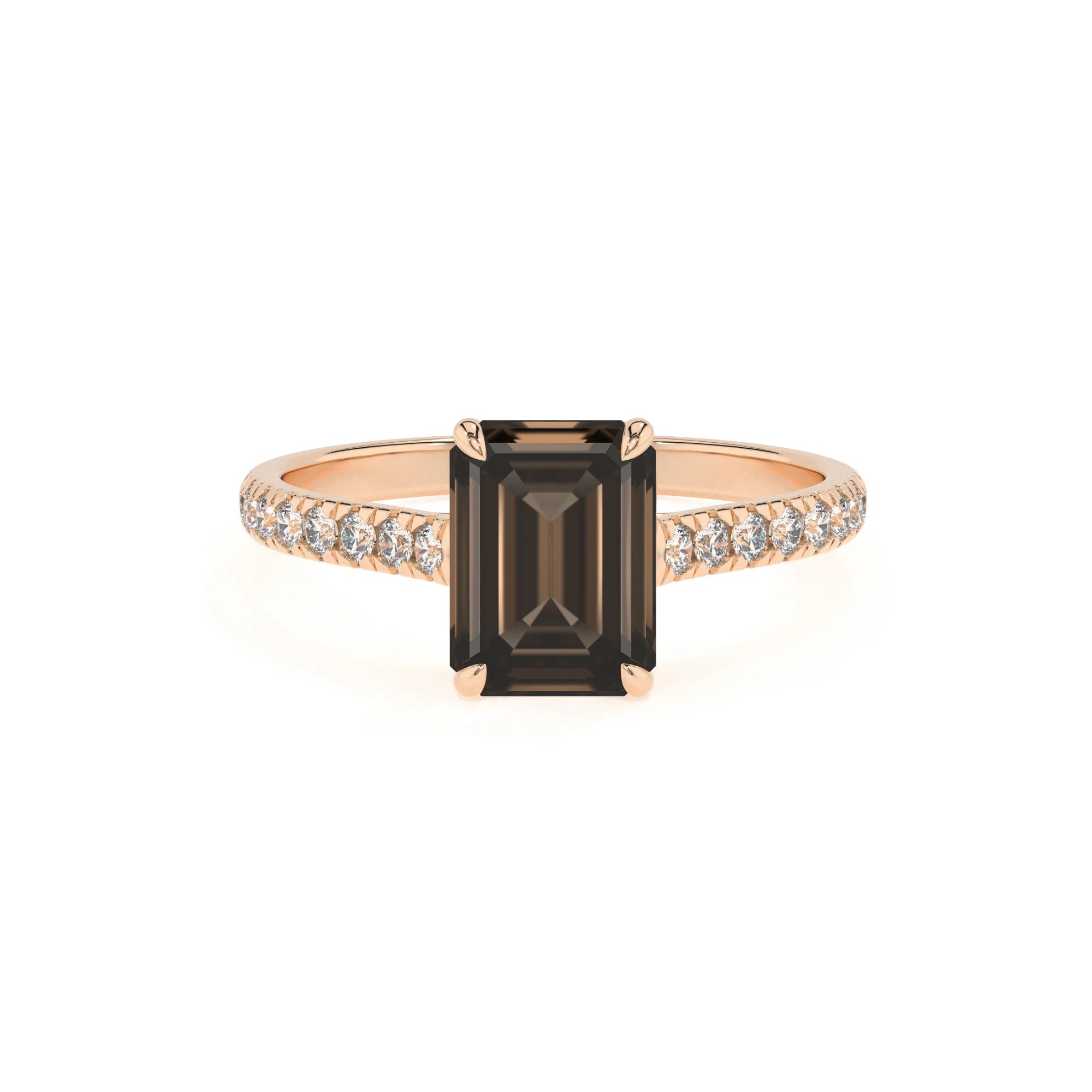 natural smoky-quartz emerald cut half eternity solitaire engagement rings in rose gold