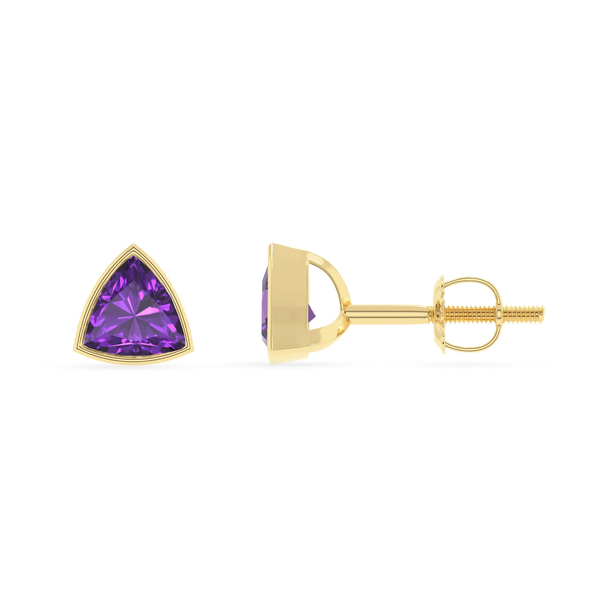 lab grown amethyst trillion stud earrings in yellow gold