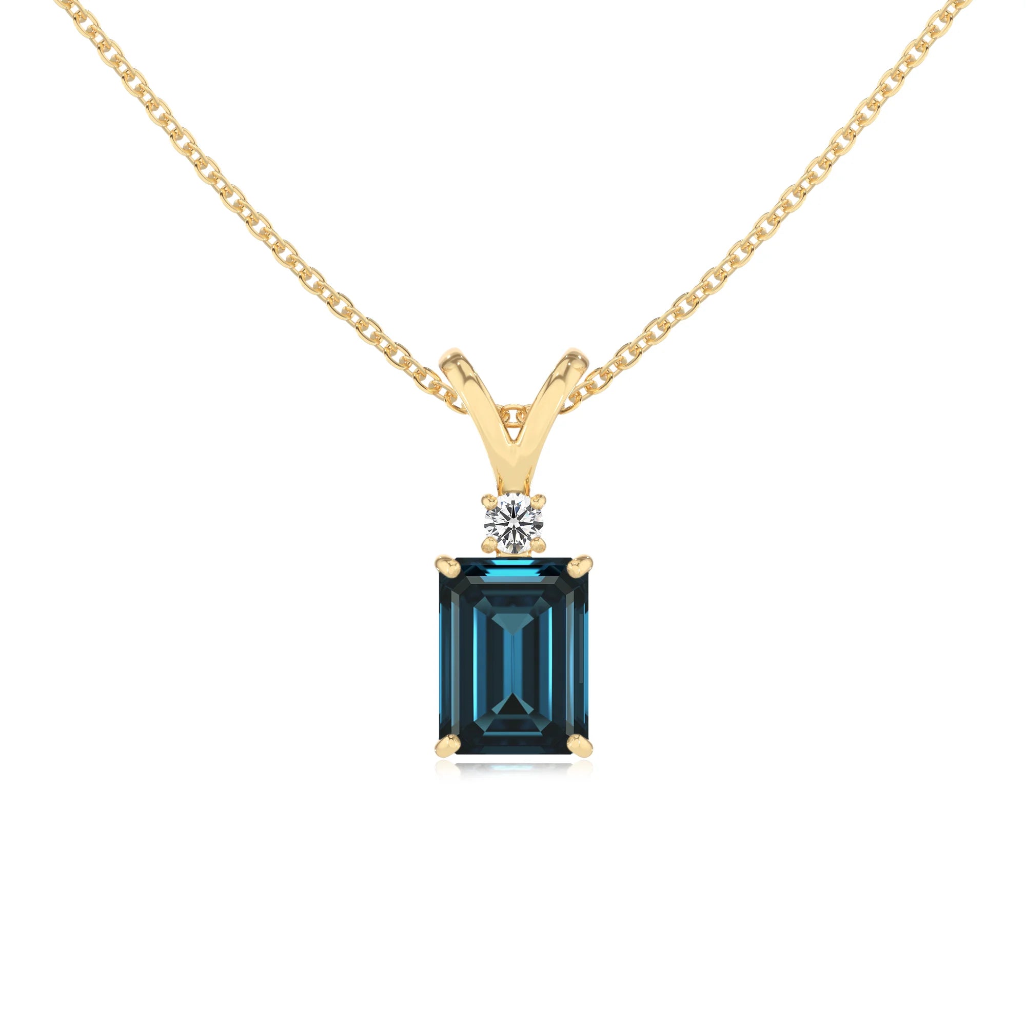 natural london-blue-topaz emerald cut solitaire v-bale necklaces in yellow gold
