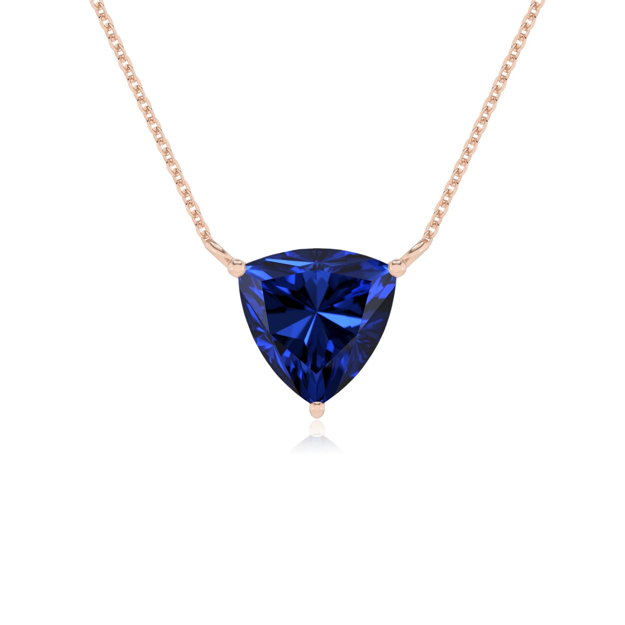 lab grown blue-sapphire trillion solitaire necklaces in rose gold