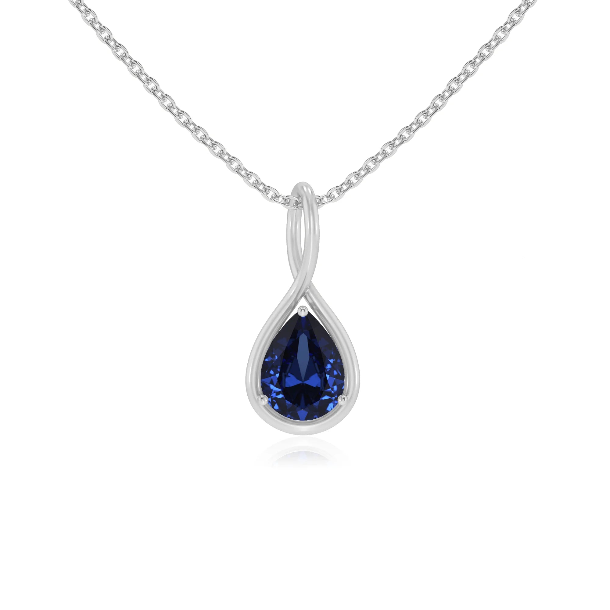 lab grown blue-sapphire pear solitaire necklaces in white gold