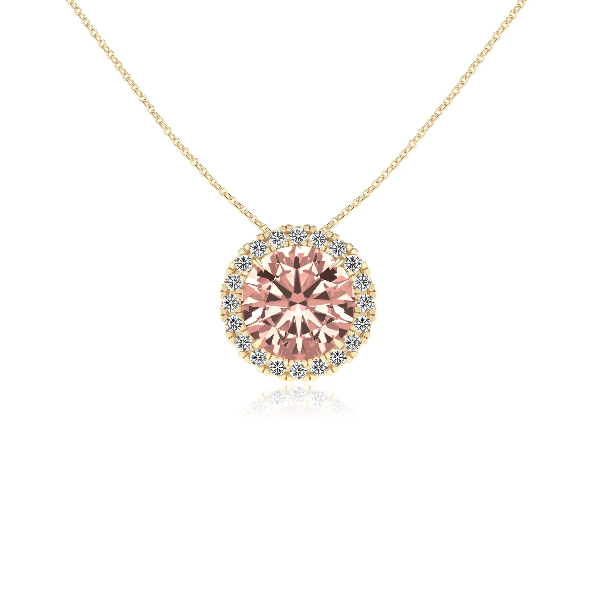 lab grown morganite round solitaire necklaces in yellow gold
