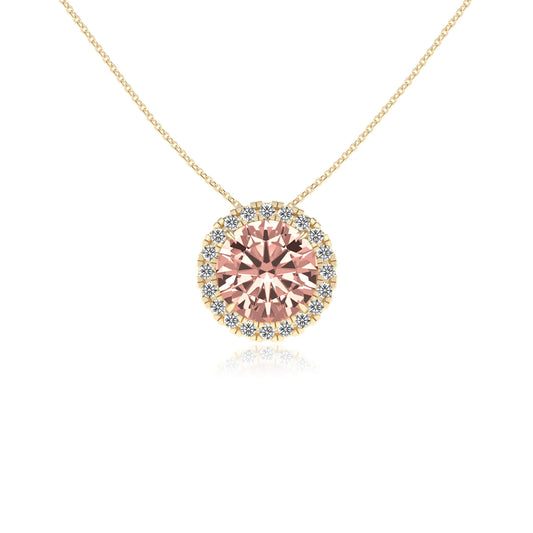 lab grown morganite round solitaire necklaces in yellow gold