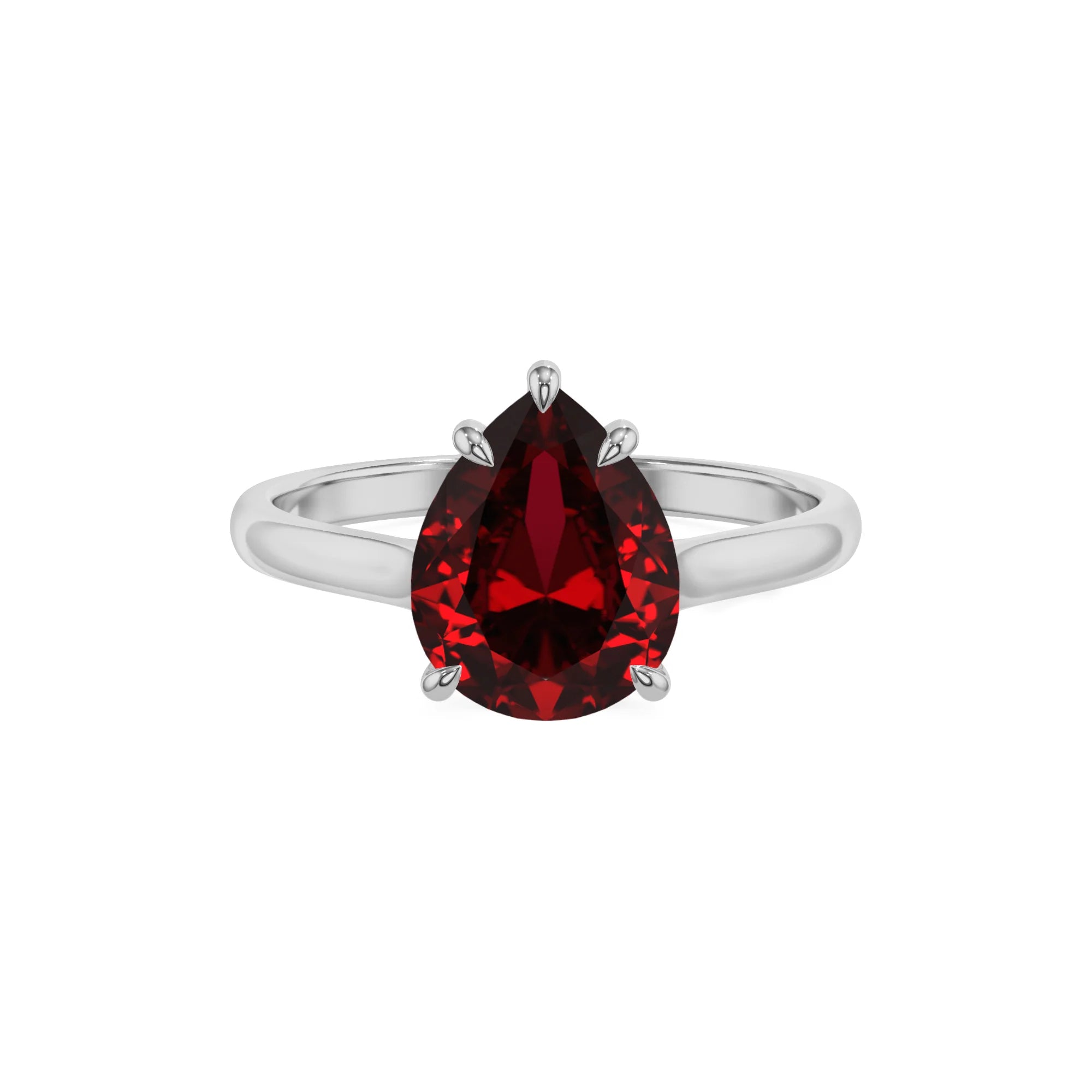 lab grown ruby pear solitaire rings in sterling silver