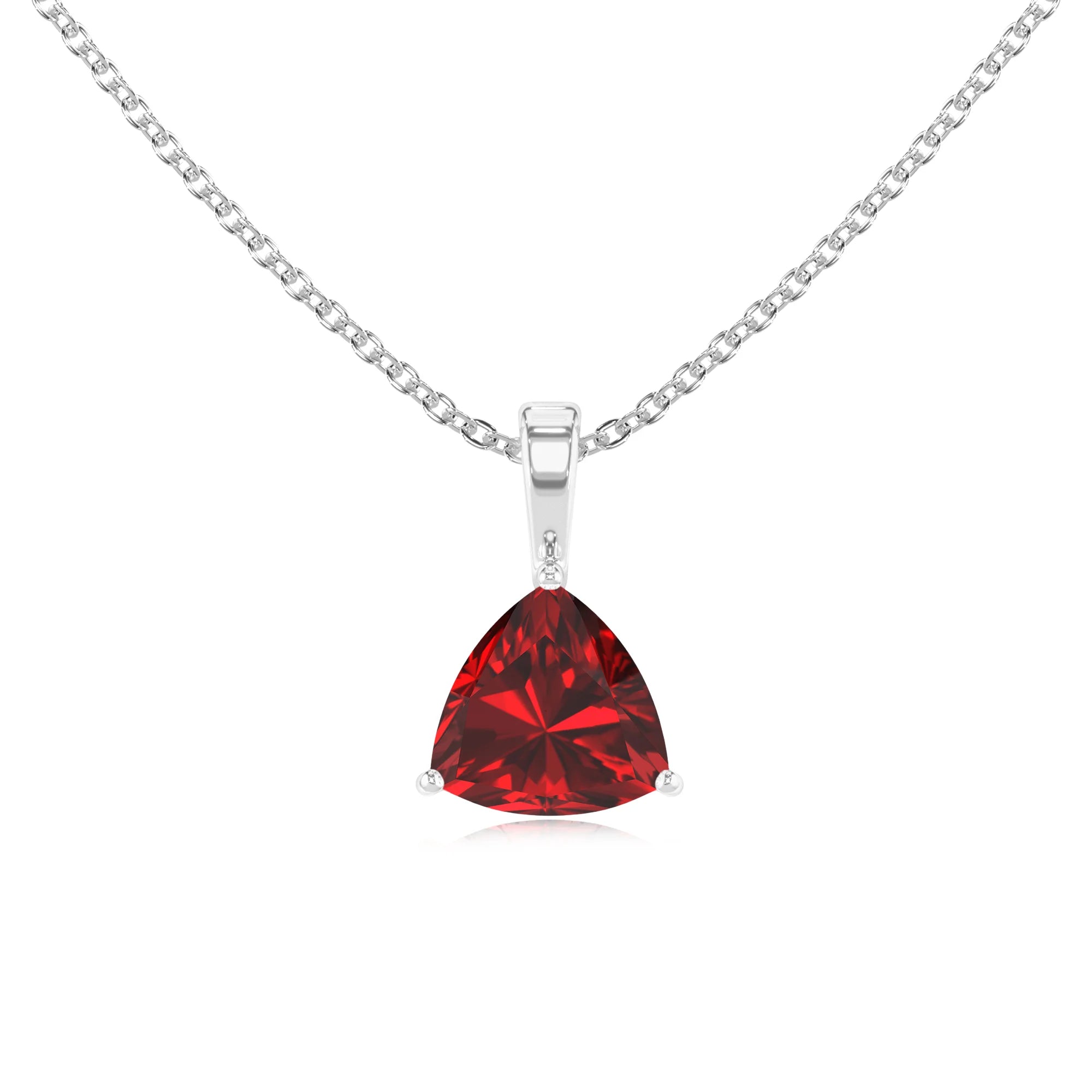 lab grown ruby trillion solitaire necklaces in sterling silver
