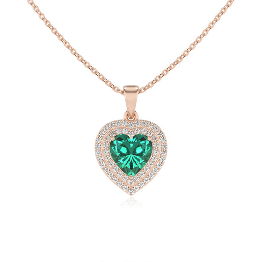 lab grown emerald heart halo necklaces in rose gold