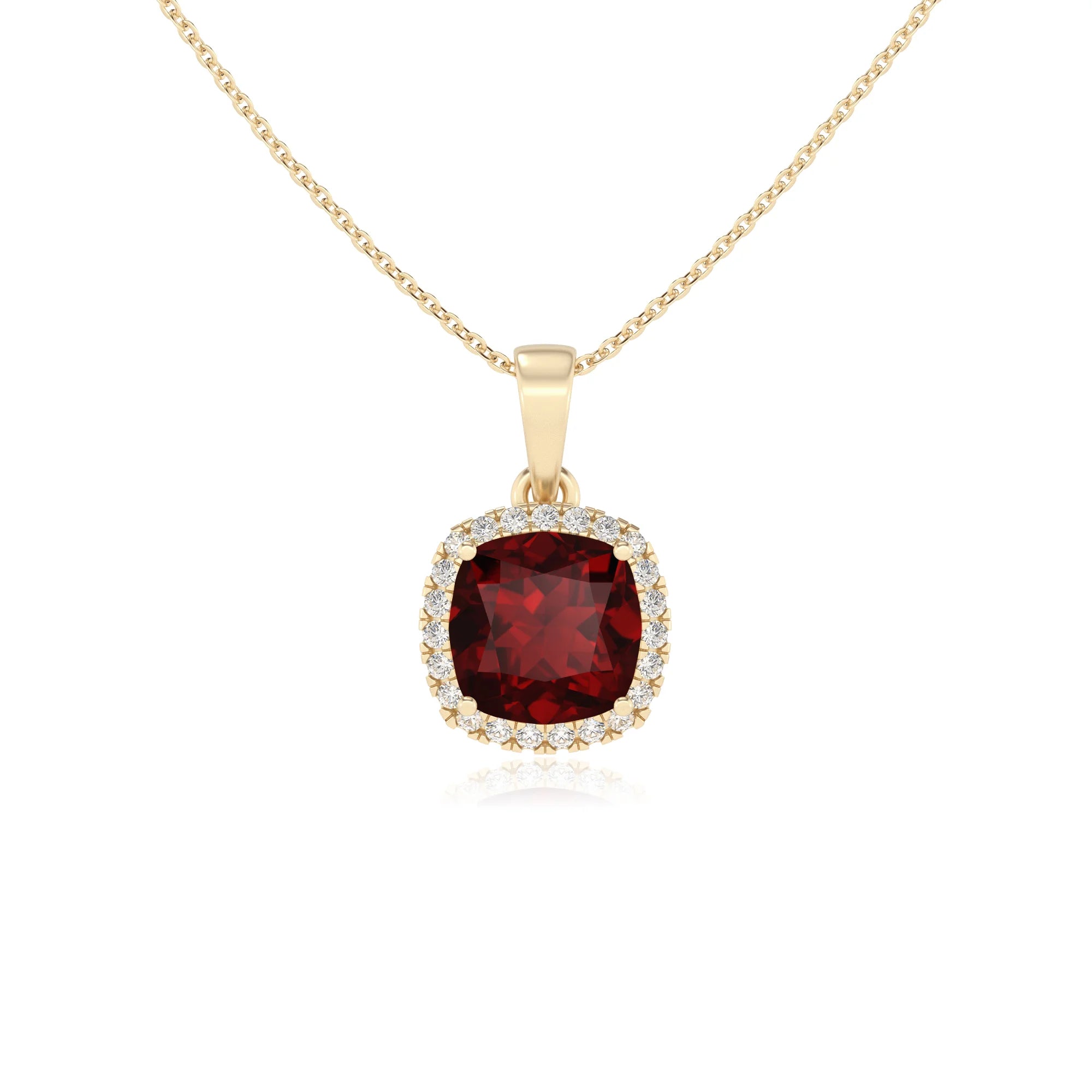 natural garnet cushion solitaire necklaces in yellow gold