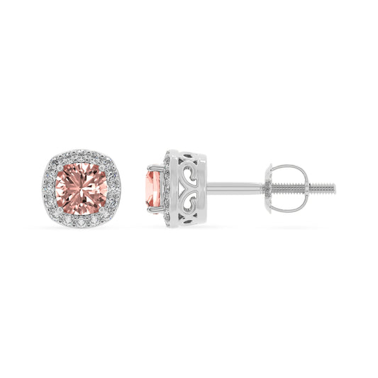 lab grown morganite cushion stud earrings in platinum