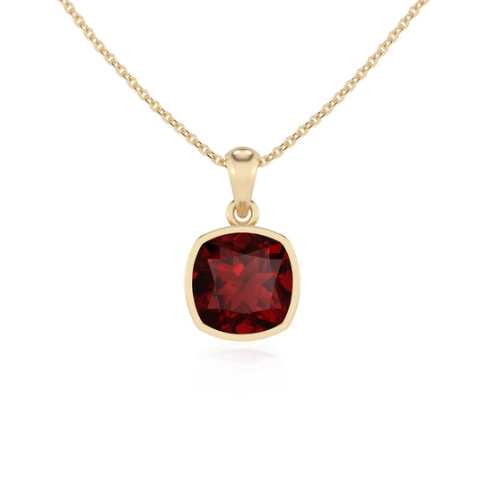 natural garnet cushion solitaire necklaces in yellow gold