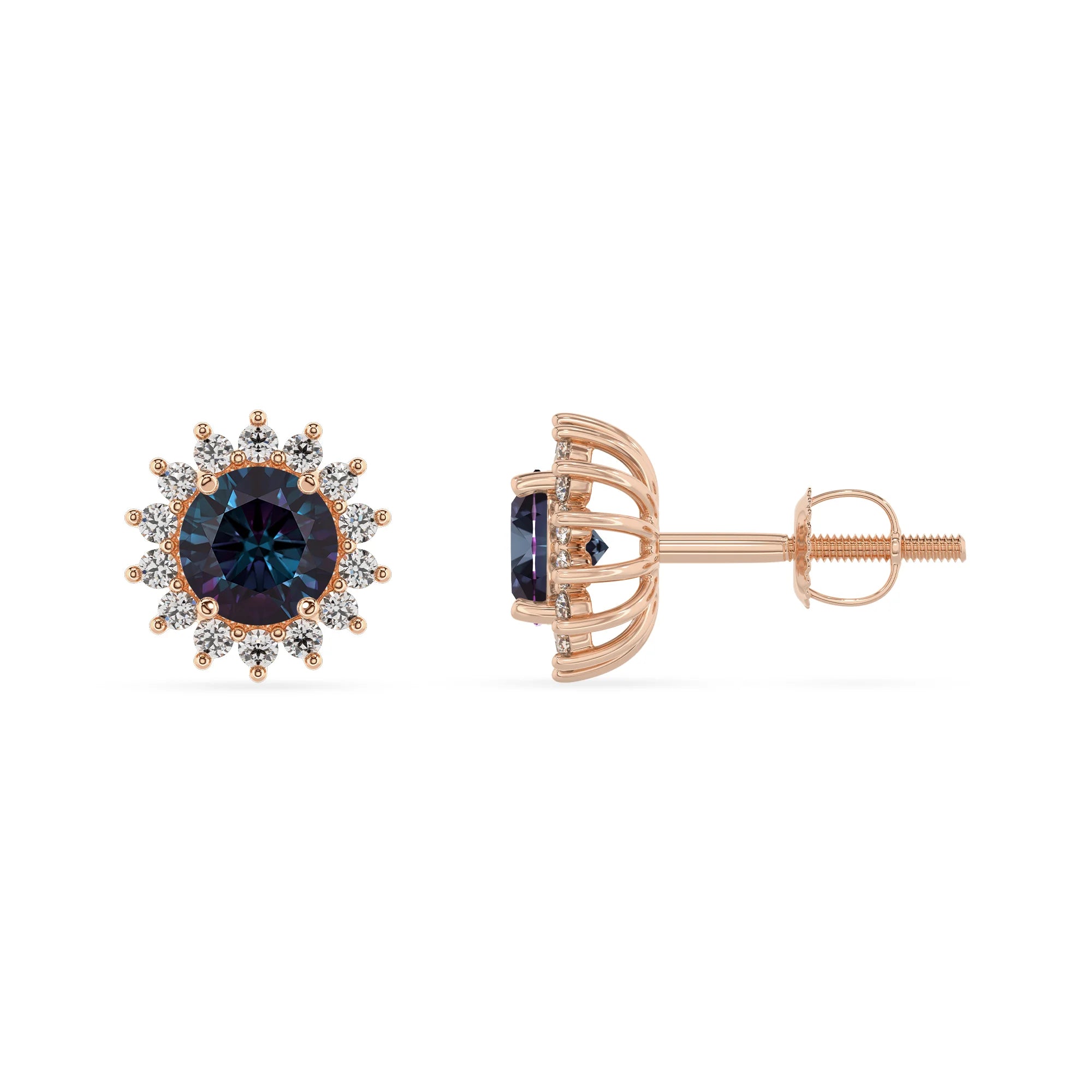 lab grown alexandrite round stud earrings in rose gold