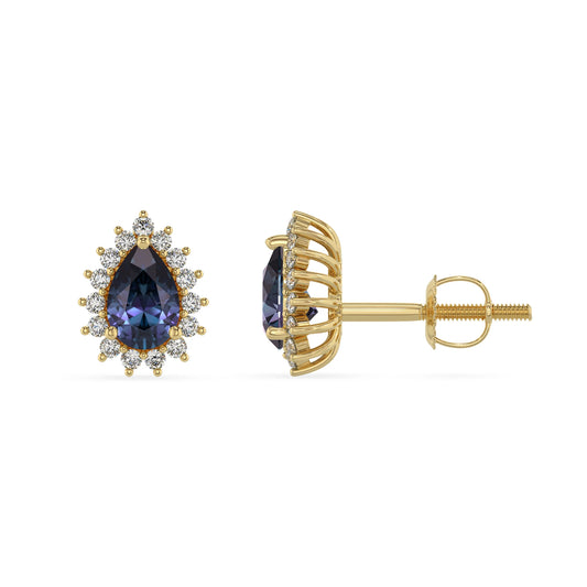 lab grown alexandrite pear stud earrings in yellow gold