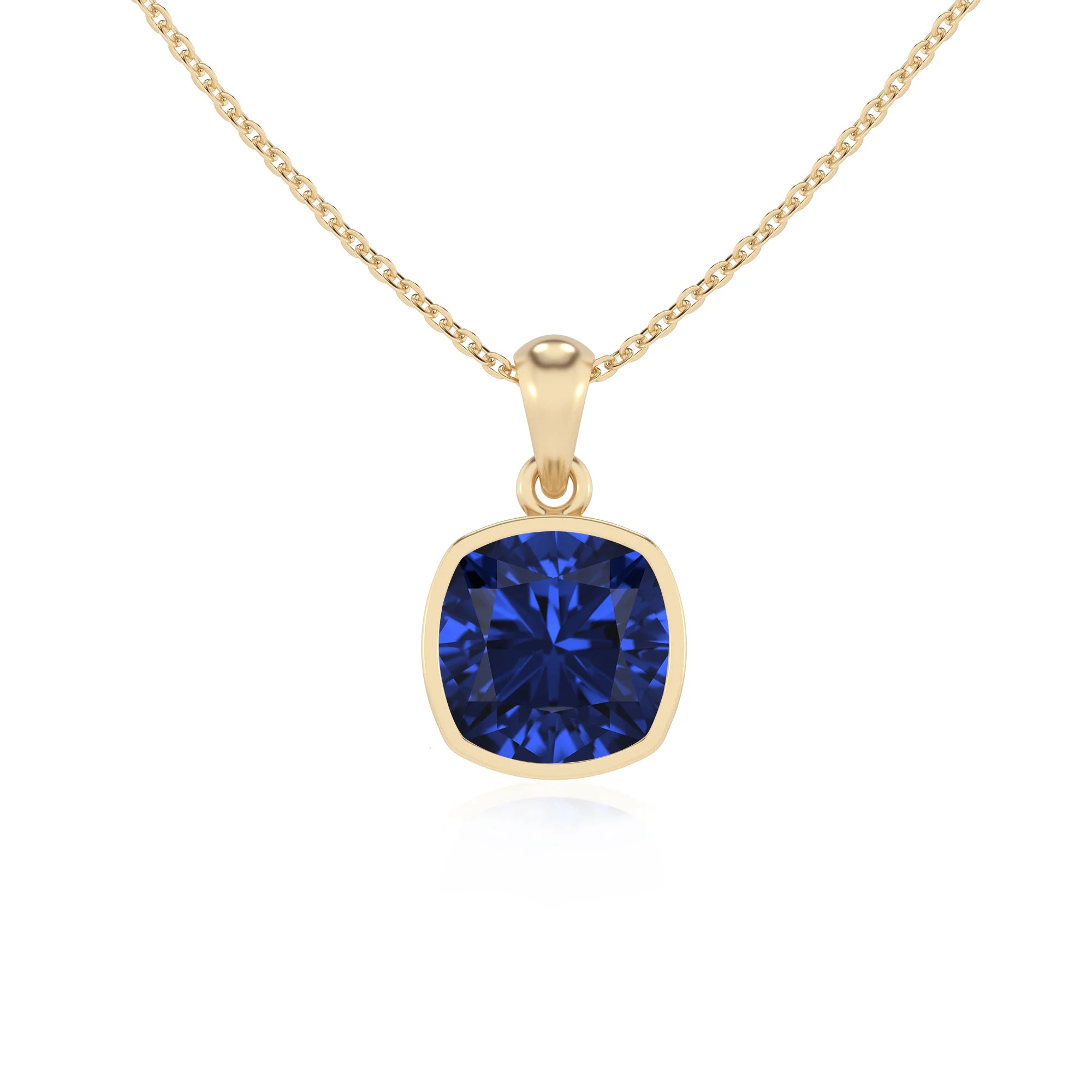 lab grown blue-sapphire cushion solitaire necklaces in yellow gold