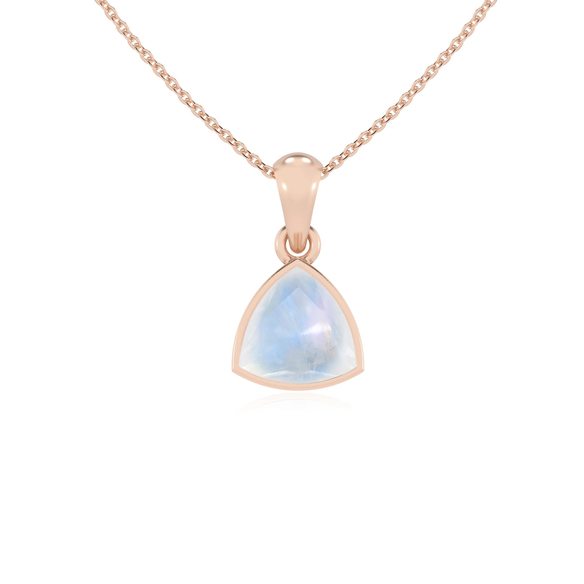 natural rainbow-moonstone trillion solitaire necklaces in rose gold