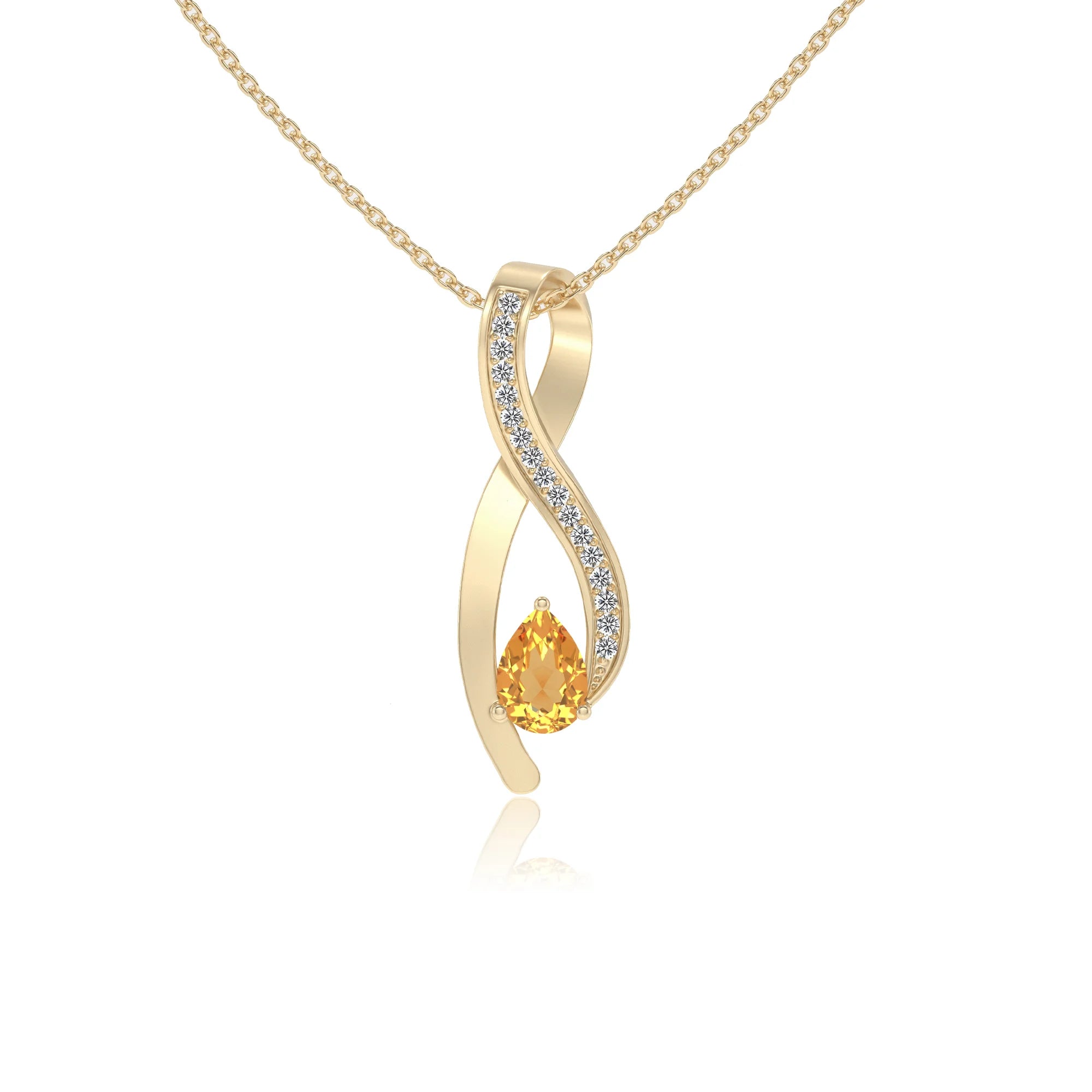 lab grown citrine pear solitaire necklaces in yellow gold