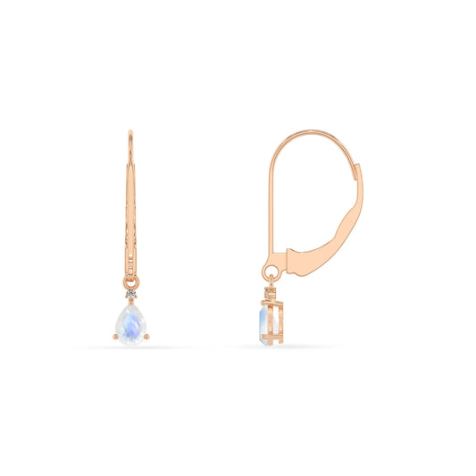 natural rainbow moonstone pear drop earrings in rose gold