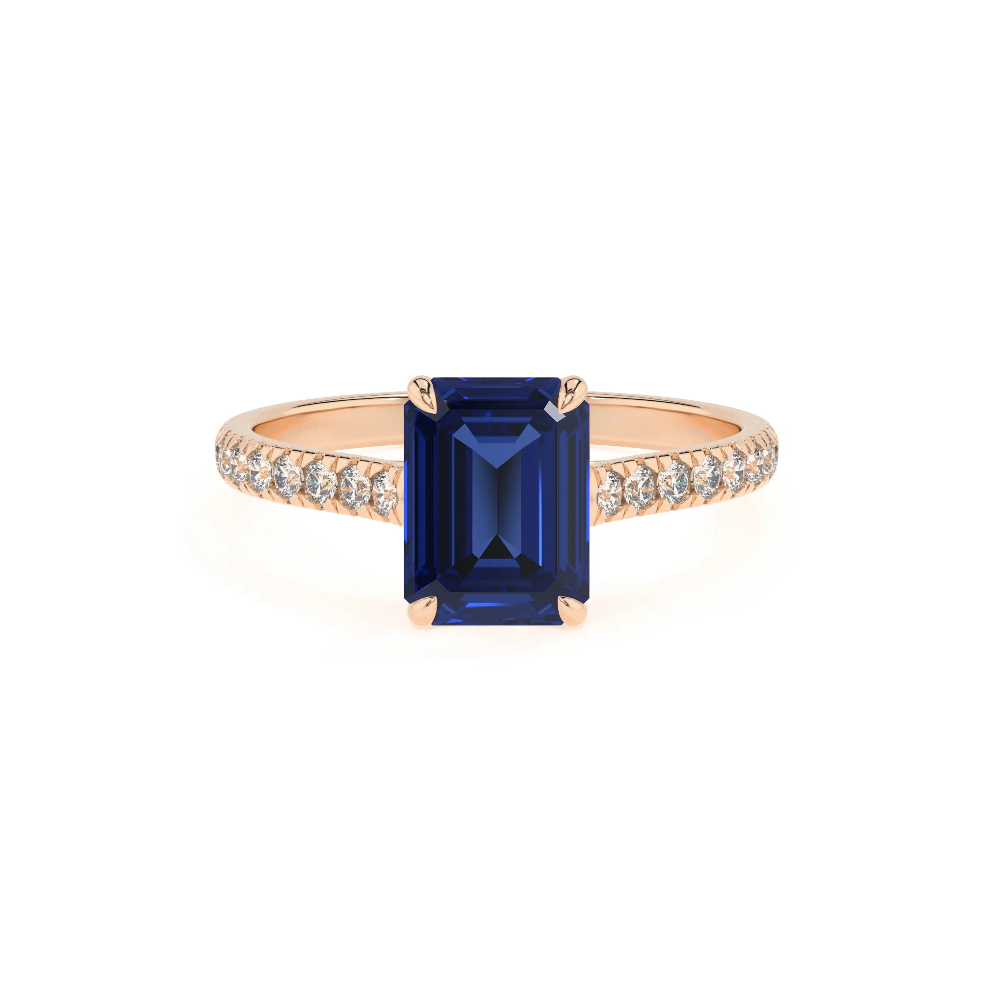 lab grown blue-sapphire emerald cut half eternity solitaire engagement rings in rose gold