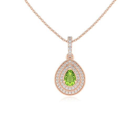 natural peridot pear halo necklaces in rose gold