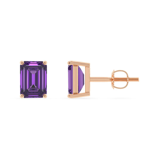 lab grown amethyst emerald cut stud earrings in rose gold
