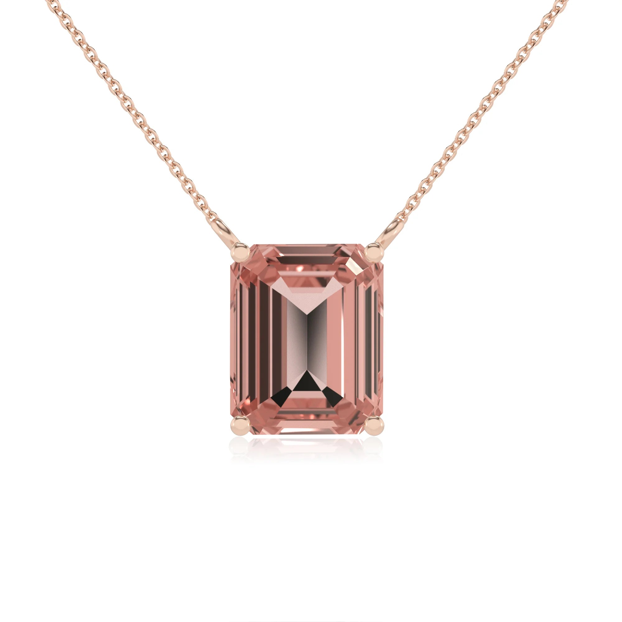 lab grown morganite emerald cut solitaire necklaces in rose gold