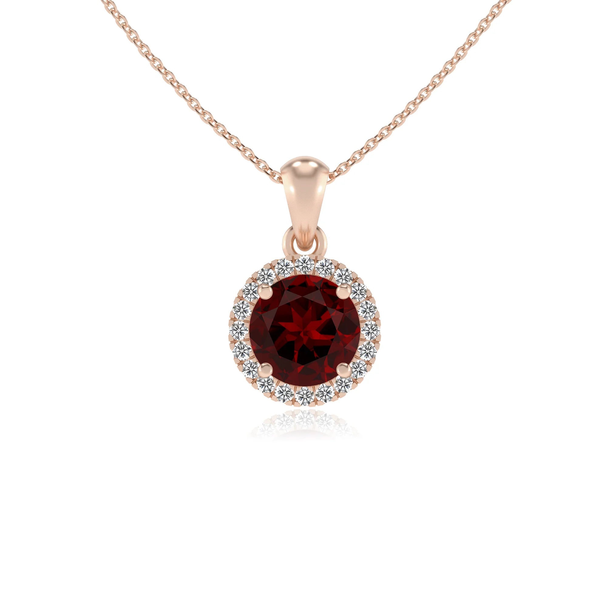 natural garnet round solitaire necklaces in rose gold