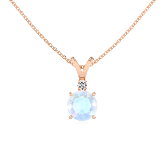 natural rainbow-moonstone round solitaire v-bale necklaces in rose gold
