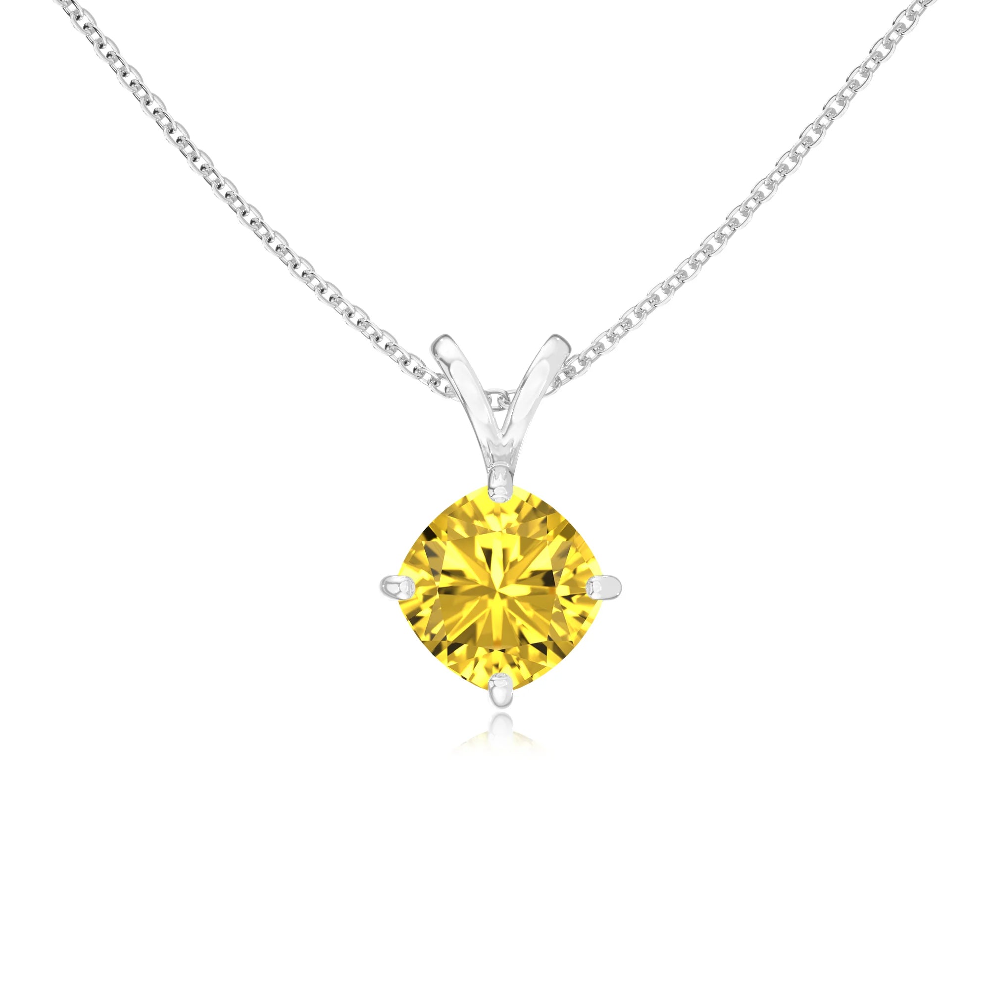 lab grown yellow-sapphire cushion solitaire v-bale necklaces in white gold